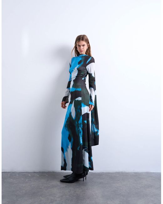 Tophop - robe longue à imprimé abstrait flouté et foulard TOPSHOP en coloris Blue