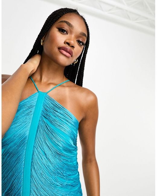 Asos design tall - robe longue effet drapé à dos nu et franges - sarcelle ASOS en coloris Blue
