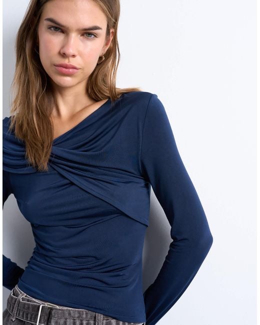 TOPSHOP Blue Microfibre Draped Long Sleeve Top