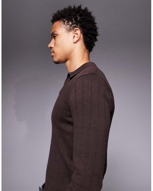 ASOS Blue Muscle Fit Long Sleeve Knitted Rib Notch Neck Polo for men