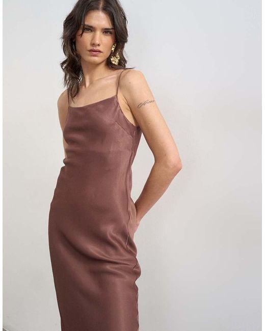 TOPSHOP Brown Viscose Satin Low Scoop Flood Length Maxi Slip Dress