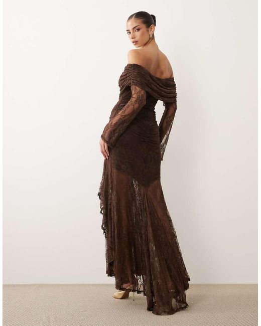 ASOS Brown Off The Shoulder Long Sleeve Lace Maxi Dress
