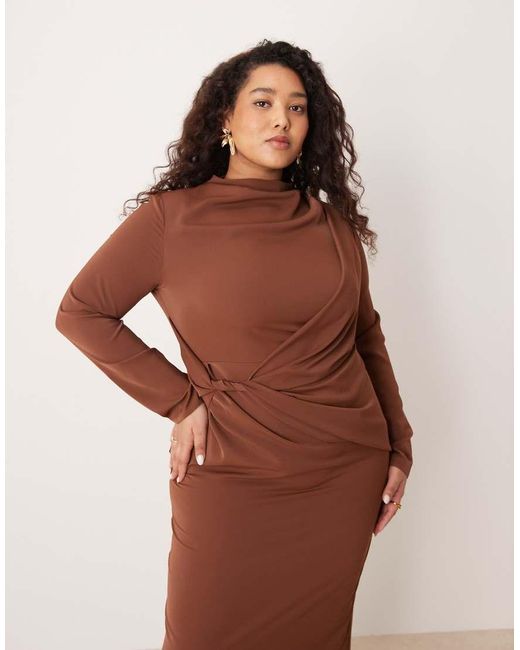 ASOS Brown Asos Design Curve High Neck Draped Slinky Maxi Dress