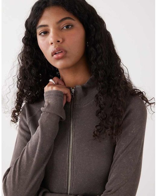 Weekday Gray Mock Neck Zip Through Long Sleeve Top