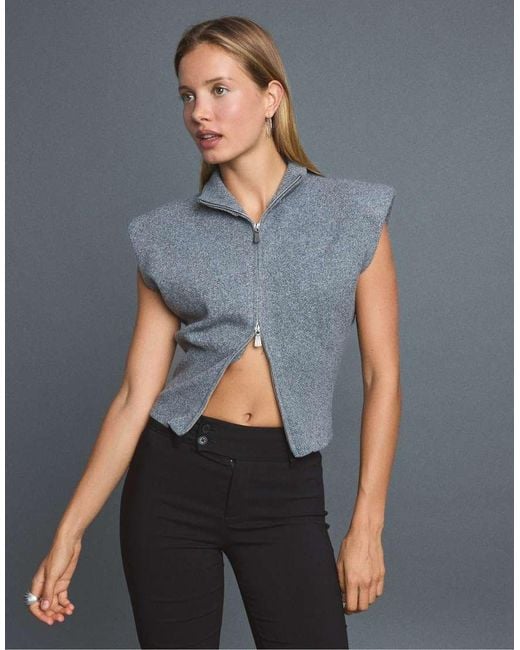 Stradivarius Gray Knit Vest With Padded Shoulders And Zip