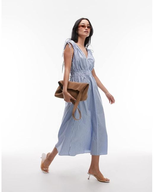 & Other Stories Blue Midaxi Dress With Ruche Tie Shoulder Detail