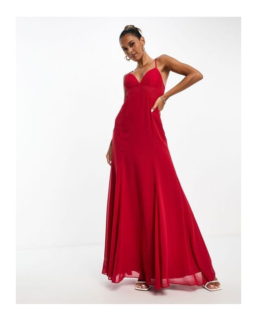 ASOS Red Ruched Bust Chiffon Panelled Corset Maxi Dress