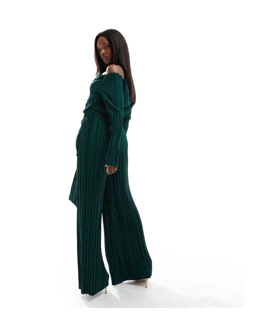 ASOS Plisse Bardot Twist Front Wide Leg Jumpsuit in Green | Lyst UK