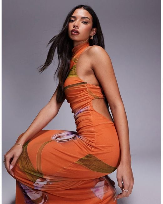 ASOS Brown Printed Mesh Cowl Neck Maxi Dress With Orange Floral Print