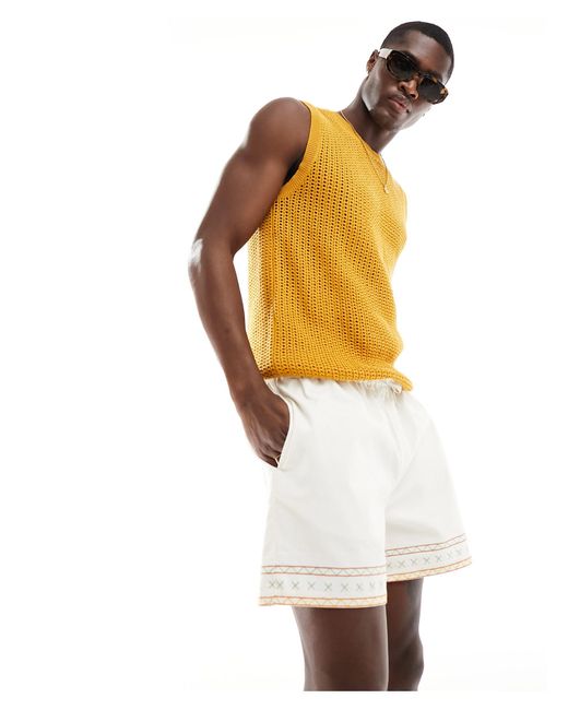 ASOS White Wide Fit Shorts With Embroidered Hem With Elasticized Waist - Part Of A Set for men