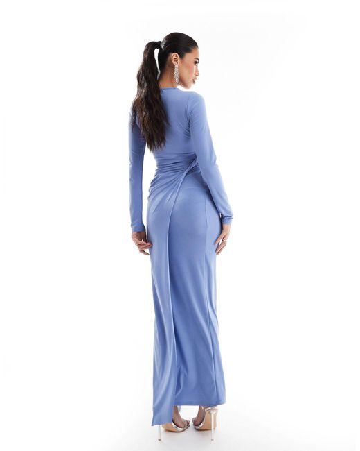 ASOS Blue Long Sleeve Drape Detail Maxi Dress