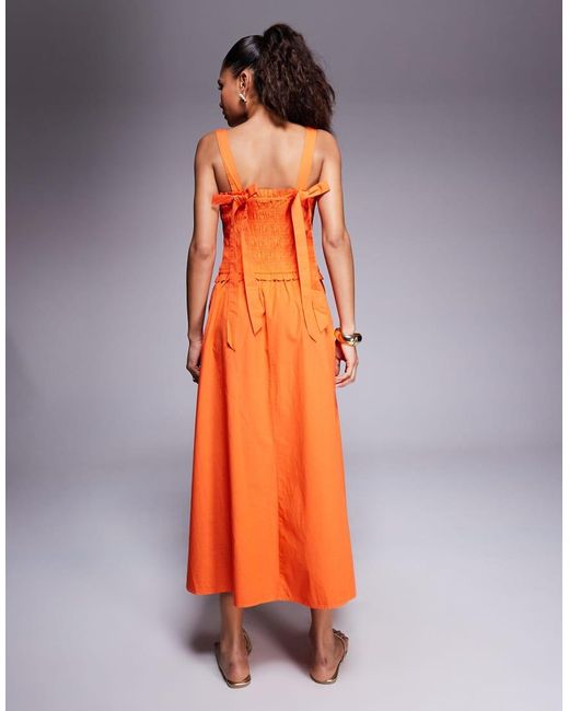River Island Orange Shirred Midi Dress