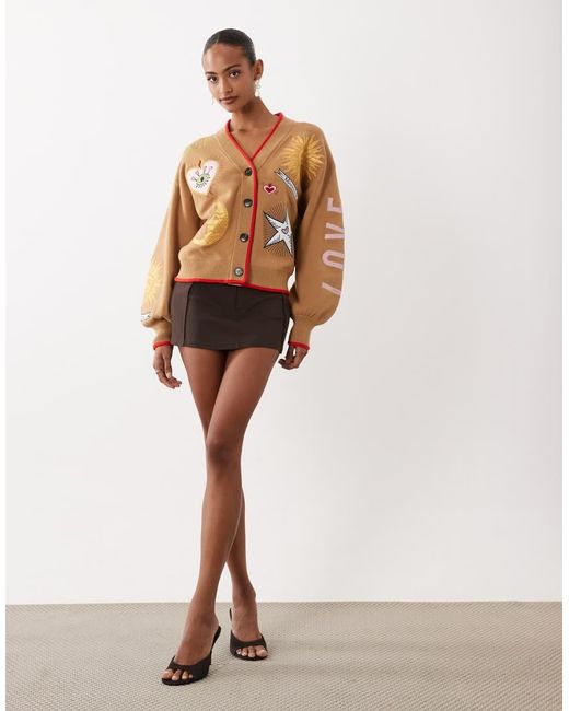 Never Fully Dressed Brown Mystical Embroidered Contrast Edge Cardigan
