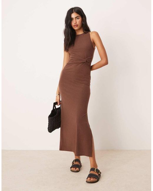 ASOS Natural Ribbed Sleeveless Racer Knot Waist Midi Dress