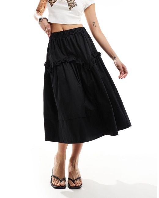 Urban Revivo Black Ruffle Detail Cotton Midaxi Skirt