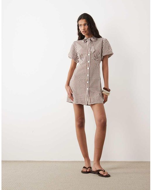 Wednesday's Girl Brown Tie Collar Detailed Puff Sleeve Button Mini Dress