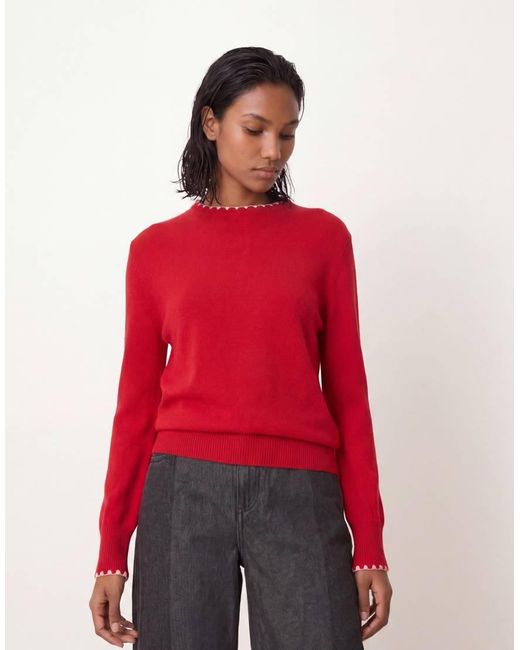 Threadbare Red Knitted Crew Neck Jumper With Contrast Neckline