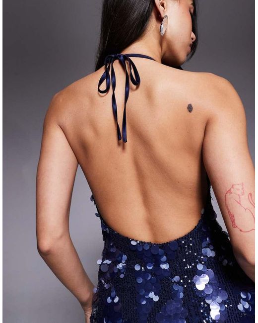 Tiger Mist Blue Zana Disc Sequin Plunge Halterneck Mini Dress