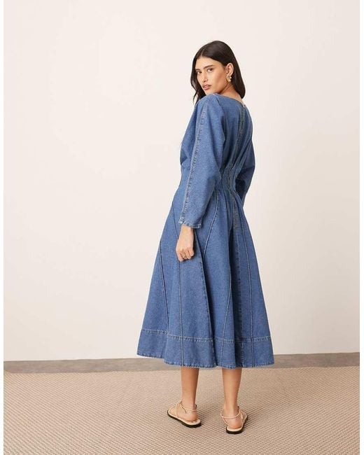 ARRANGE Denim Midi Jurk Met Lange Mouwen En Wijde Rok in het Blue