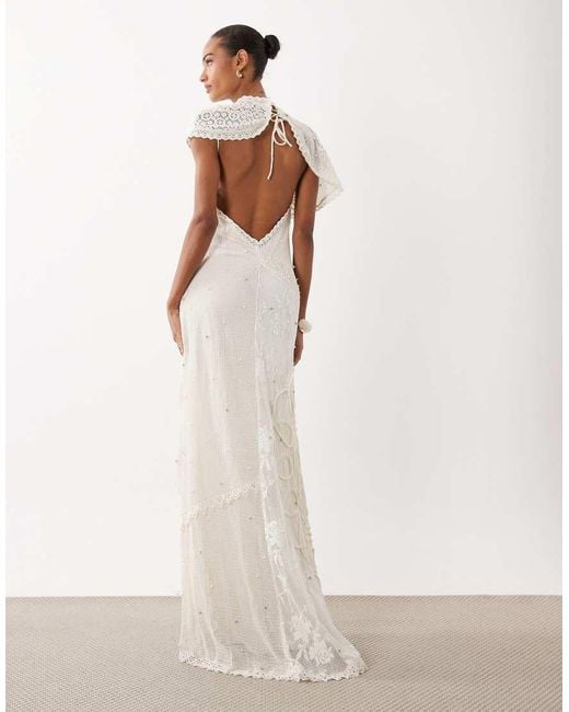ASOS Natural Panelled Crochet Maxi Dress With Scattered Pearl & Diamante Embellishment