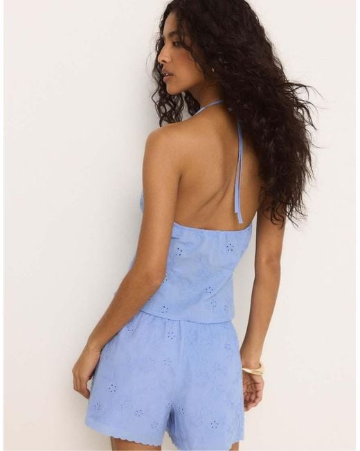 Stradivarius Blue Embroidered Halter Top
