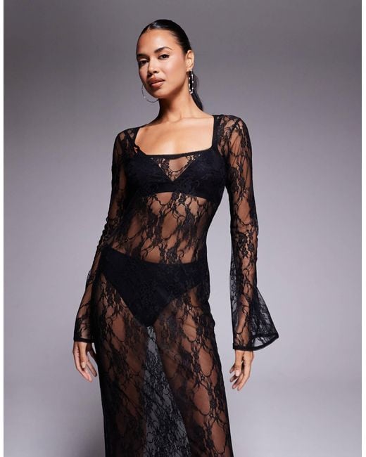 ASOS Black – langärmliges maxikleid aus er spitze mit eckigem ausschnitt