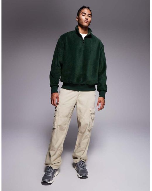 ASOS Green Relaxed Funnel Neck Quarter Zip Fleece Sweatshirt for men