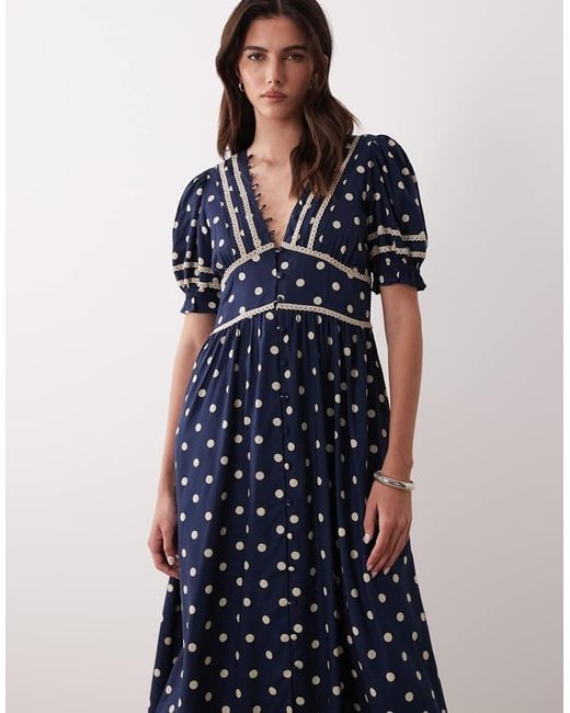 Nobody's Child Blue Saffy Puff Sleeve Lace Detailing Button Up Midi Dress