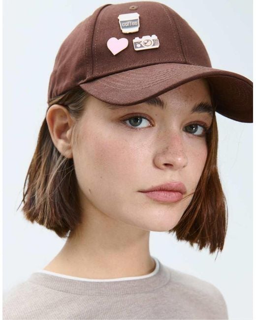 Stradivarius Brown Cap With Multiple Badges