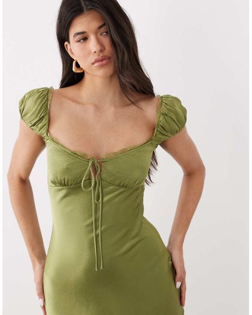 Bardot Green Stasia Satin Puff Sleeve Lace Trim Tie Front Detail Maxi Dress