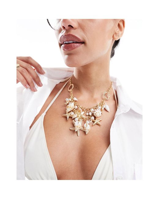 South Beach Metallic Under The Sea Starfish And Shell Embellished Statement Necklace