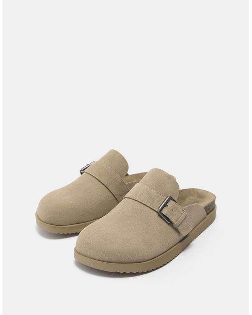 Pull&Bear White Leather Buckle Clogs for men