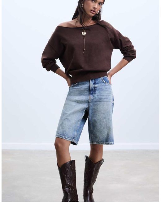Stradivarius Blue Boat Neck Knit Sweater