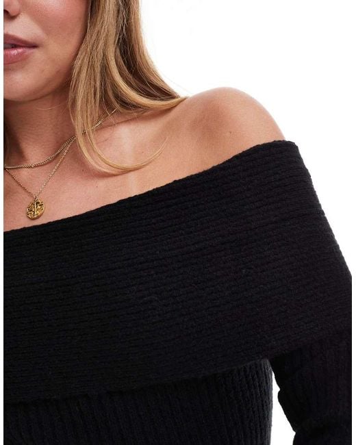 Miss Selfridge Black Deep Fold Over Bardot Rib Knit Mini Dress