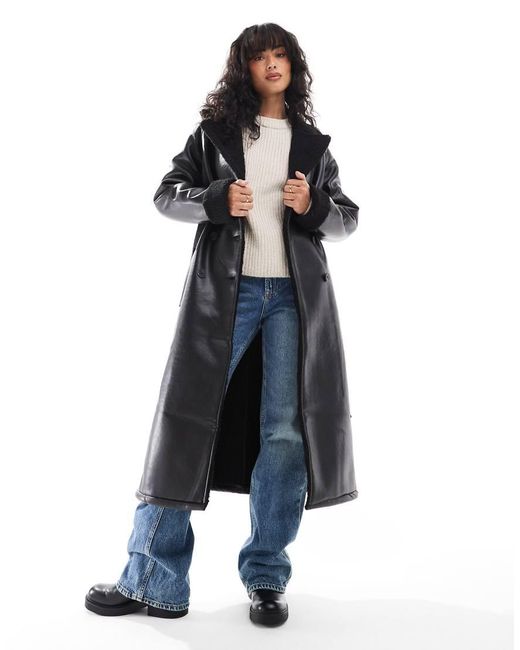 Threadbare Blue Longline Aviator Coat With Borg Trims