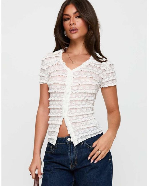 Princess Polly White Into Your Eyes Ruffle Lace Button Through Top