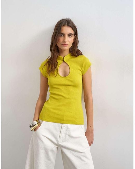 TOPSHOP Yellow Ribbed Key Hole Top