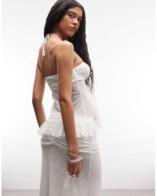 I.AM.GIA White Catallia Halterneck Mesh Ruffle Top With Metal Hardware