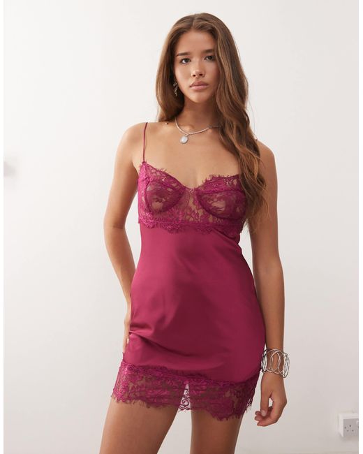 Lioness Red Angelic Sheer Lace Bust Detailing Satin Mini Dress