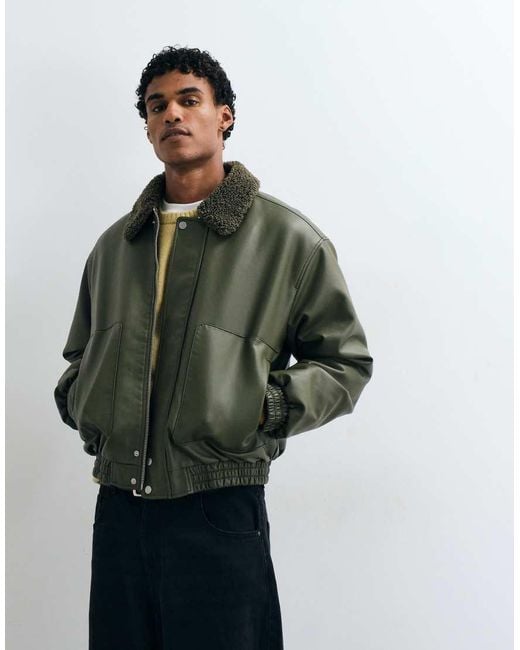 ASOS Green Faux Leather Flight Jacket for men