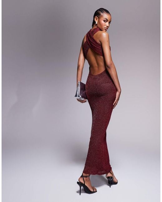 ASOS Purple Shimmer Knit High Neck Halter Maxi Dress