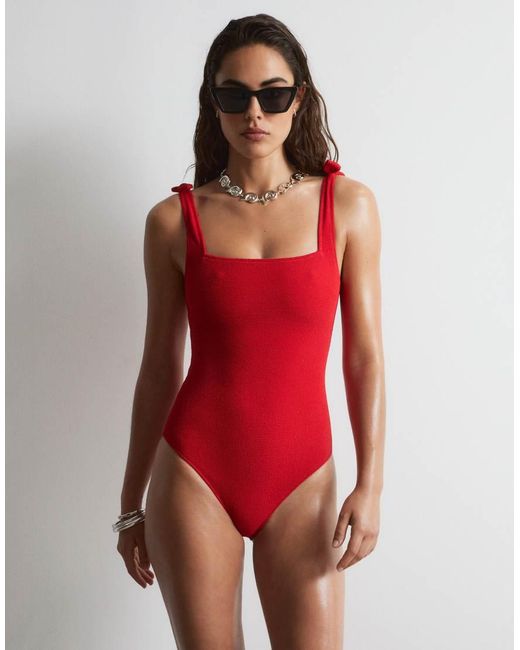 & Other Stories Red Crinkle Swimsuit With Knot Detail