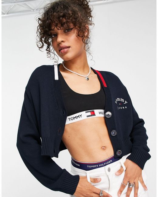 Tommy Hilfiger Logo Cropped Oversized Cardigan in Blue | Lyst