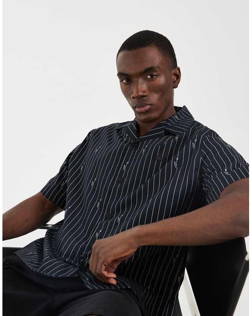 Lacoste Blue All-Over Croc Print Stripe Short Sleeve Resort Shirt for men