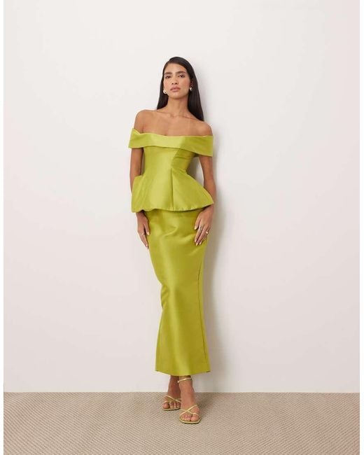 ARRANGE Green Structured Off The Shoulder Satin Maxi Dress