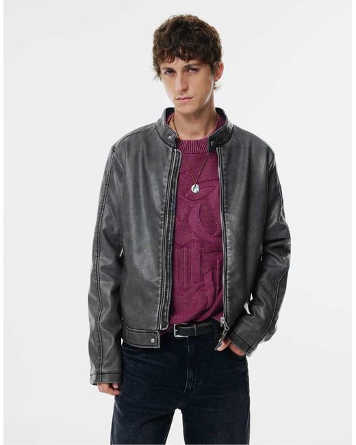 Pull&Bear Gray Leather Effect Jacket for men
