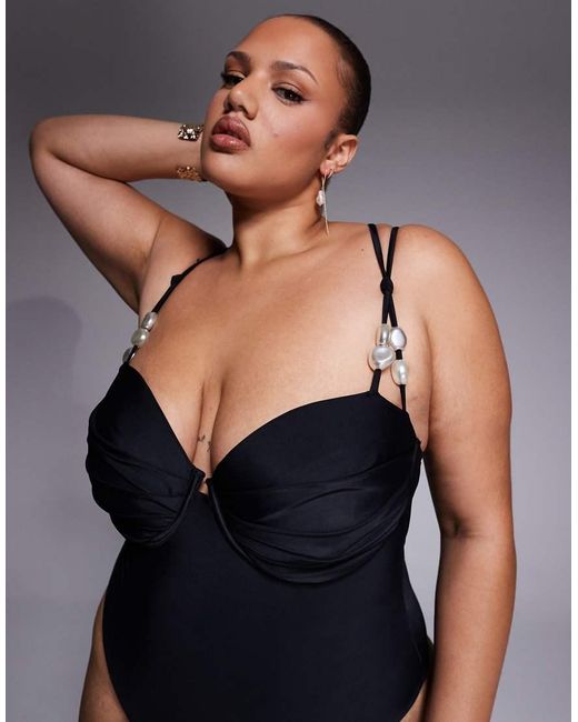 ASOS Black Asos Design Curve Sadie Pleat Bust Underwired Balcony Swimsuit With Pearl Detail
