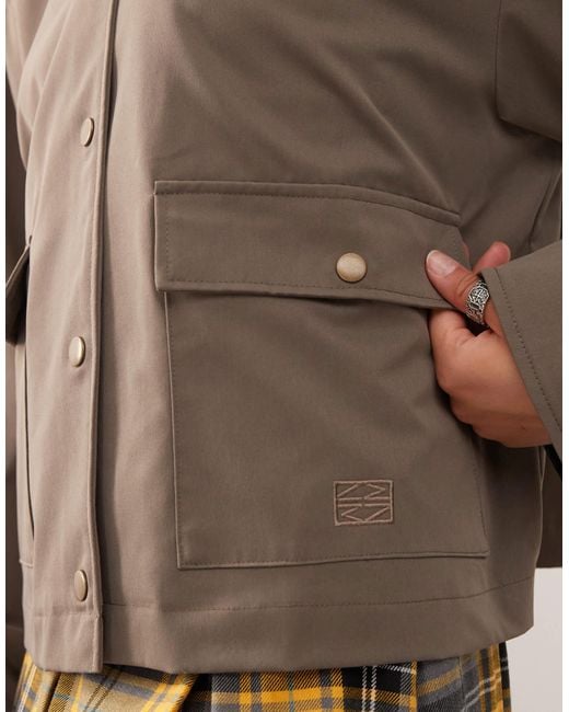 Noisy May Brown Barn Jacket With Faux Leather Collar Detail