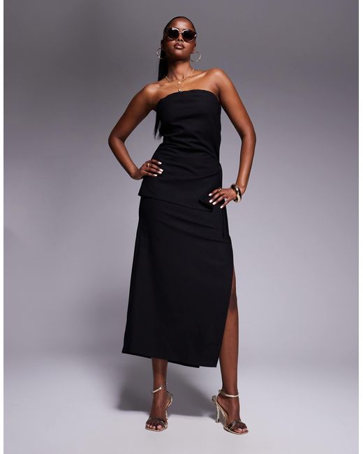 Kaiia Black Exclusive Linen Look Bandeau Asymmetric Tie Side Top Co-Ord