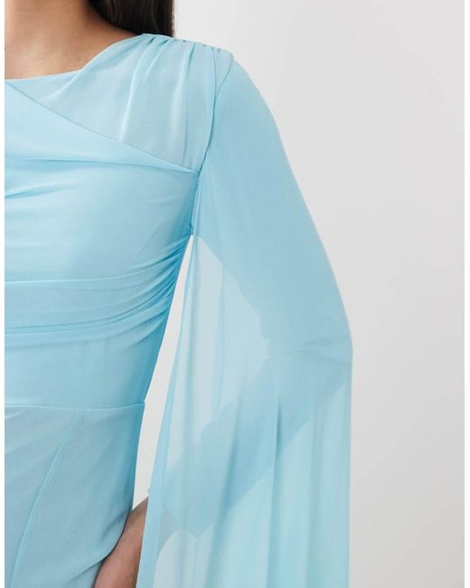 Beauut Blue Chiffon Cape Sleeve Crew Neck Maxi Dress